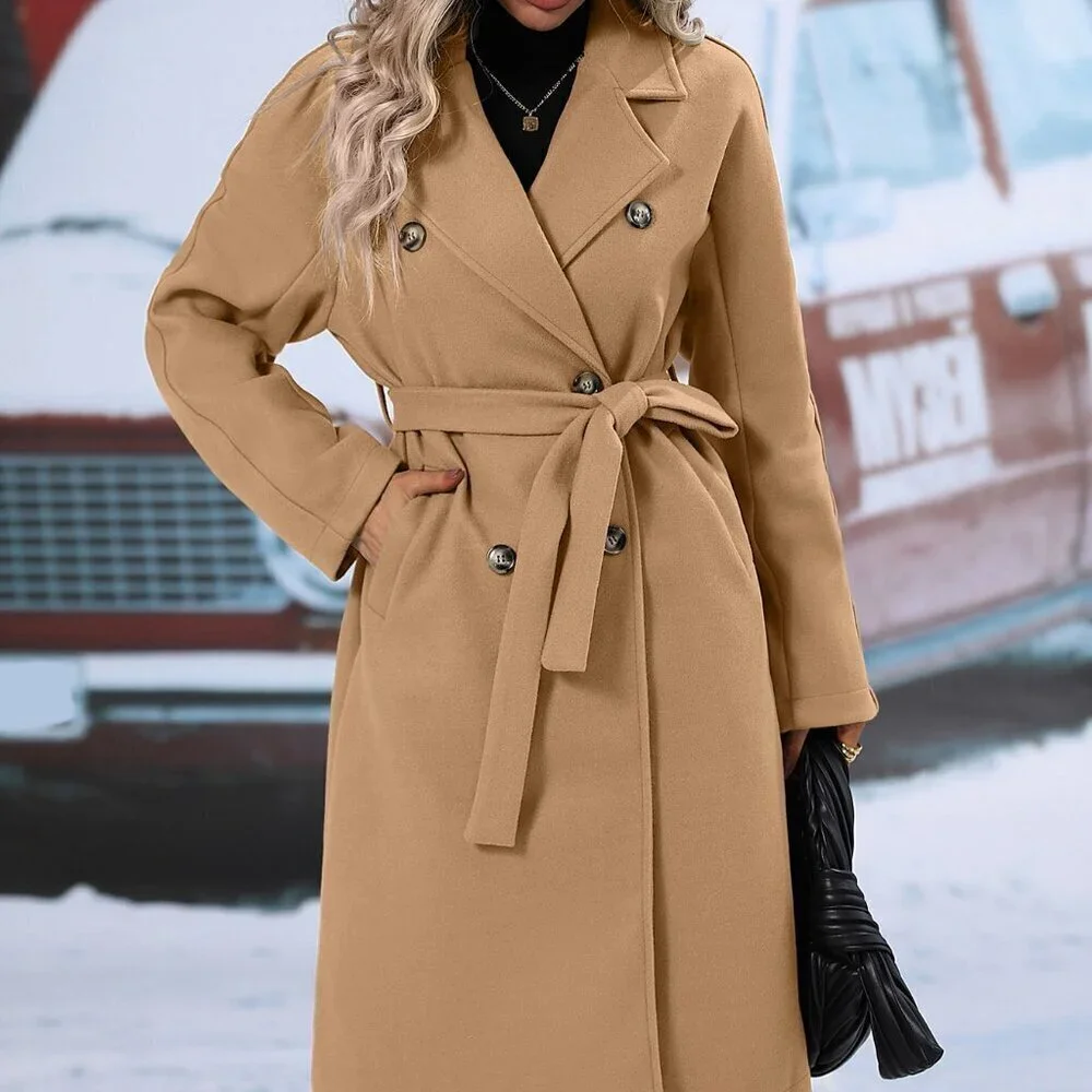 Casual Women's  Double Breasted Lapel Neck Belted jacket Overcoat Camel - Picture 5 of 5
